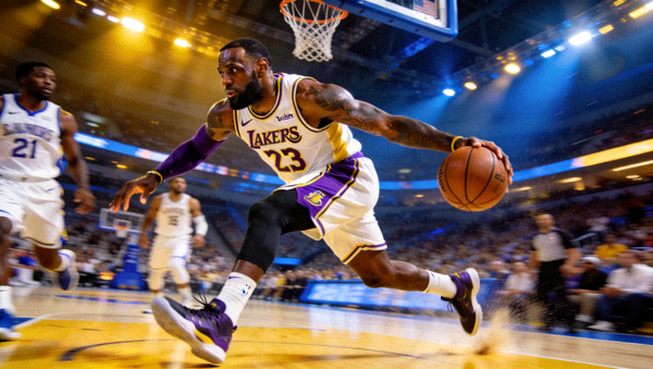 NBA球星勒布朗詹姆斯在比赛中突破上篮的精彩瞬间